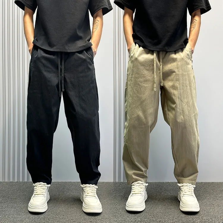 卡其色裤子男秋季新款速干休闲裤痞帅潮牌宽松直筒裤男生微锥男裤
