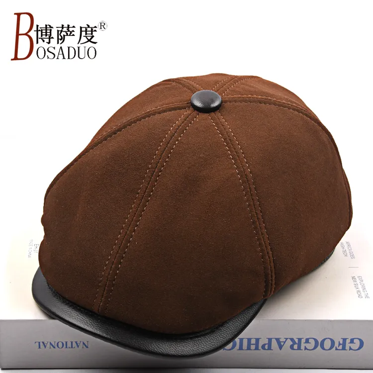 博萨度真皮帽子男秋冬季八角帽户外报童帽中老年鸭舌帽羊皮画家帽