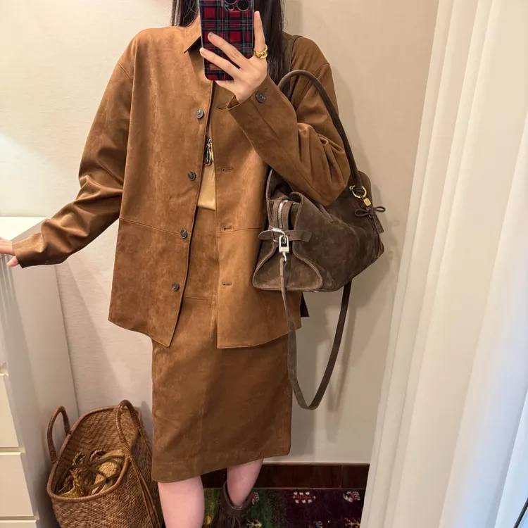 韩系复古通勤风休闲套装女秋季宽松百搭翻领夹克外套半身裙两件套