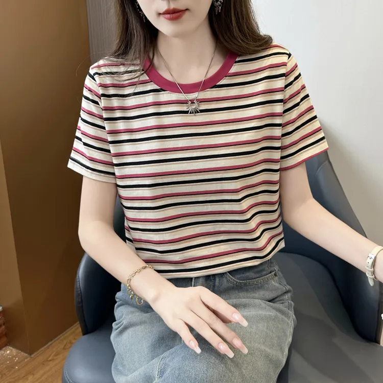 2025年夏季新款彩虹条撞色圆领条纹t恤女宽松短袖半袖百搭上衣女
