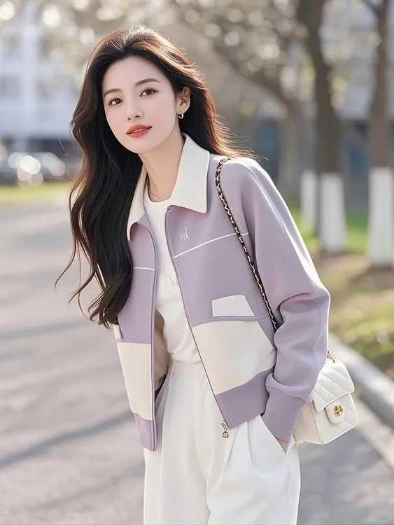 小香风洋气紫色短外套女春装2025新款韩版时尚百搭开衫拉链卫衣