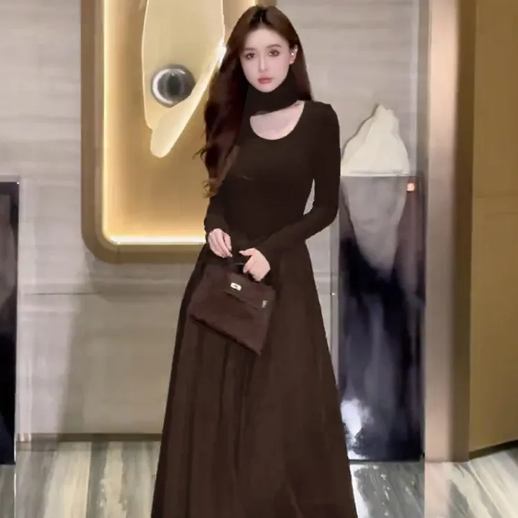 【AN】【有里布】A字裙显瘦长袖名媛复古气质连衣裙D0185