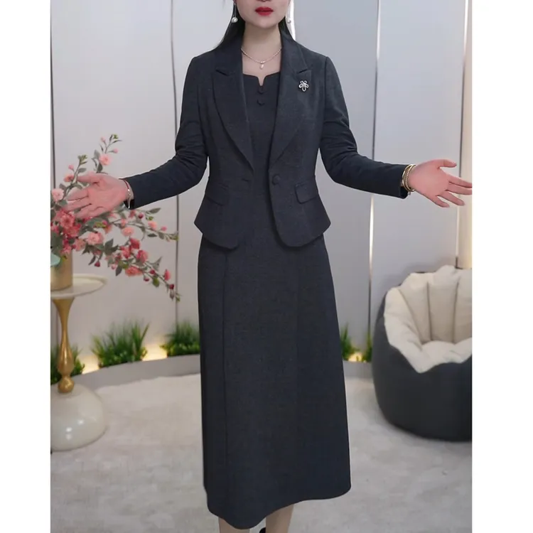 高档长袖休闲西装连衣裙女两件套春秋装时尚修身商务职业套装裙子