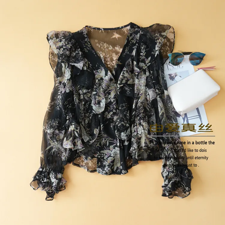 100%桑蚕丝黑色印花上衣女长袖欧洲站大牌明星同款设计感真丝衬衫