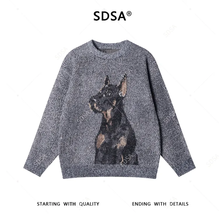 SDSA男士秋冬新款痞帅男装潮牌撞色小狗图案圆领毛衣百搭针织衫