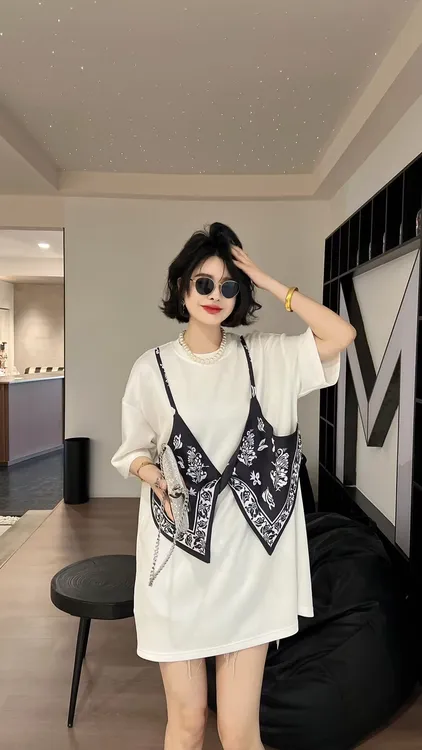 复古港风短袖有弹力防静电T恤显瘦小众重工假两件减龄印花中长款