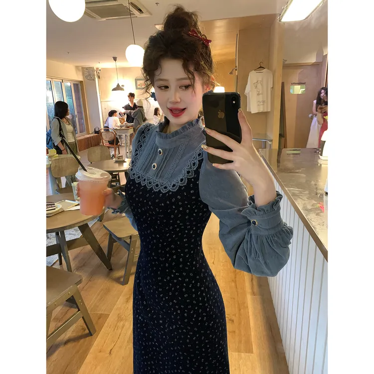 一生罗曼【海兰花】法式设计感碎花连衣裙秋冬假两件拼接裙子L1576