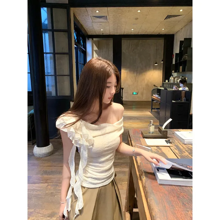 2toyoung粉莓杏茶 荡领飘带花朵短袖t恤女夏收腰褶皱背心斜肩上衣