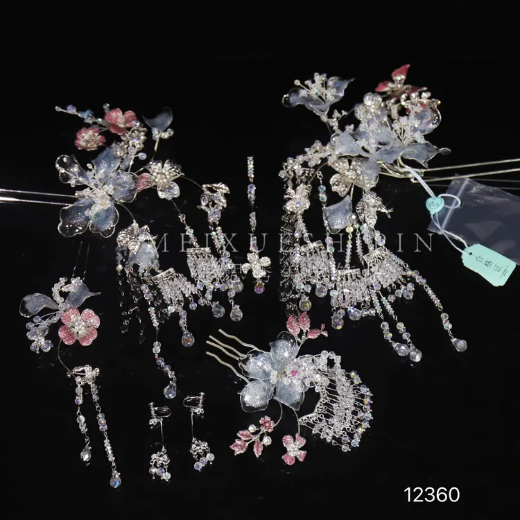 12360·ete重工超仙冰透银蓝中式婚礼秀禾古风新娘结婚头饰