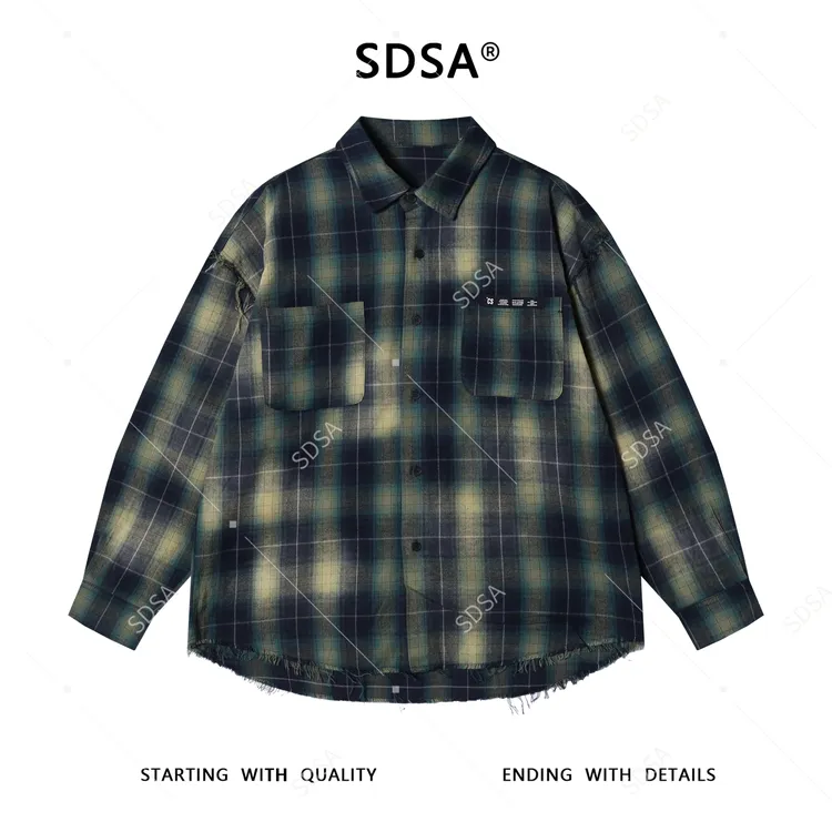 SDSA秋冬新款痞帅男装韩版流苏扎染格纹纽扣翻领长袖衬衫百搭衬衣