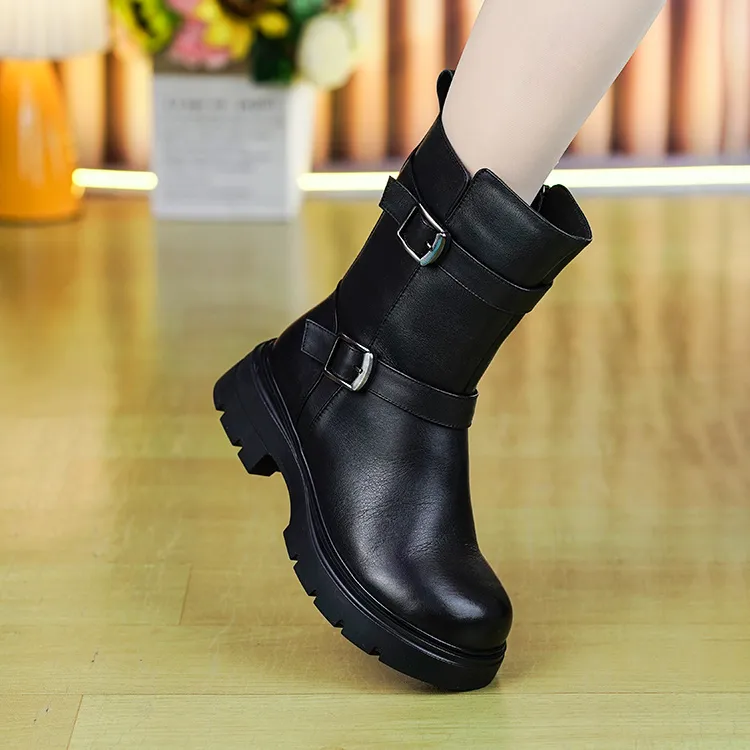 3026冬新款头层牛皮厚底粗跟短靴加厚绒保暖棉靴真皮皮带扣中筒靴