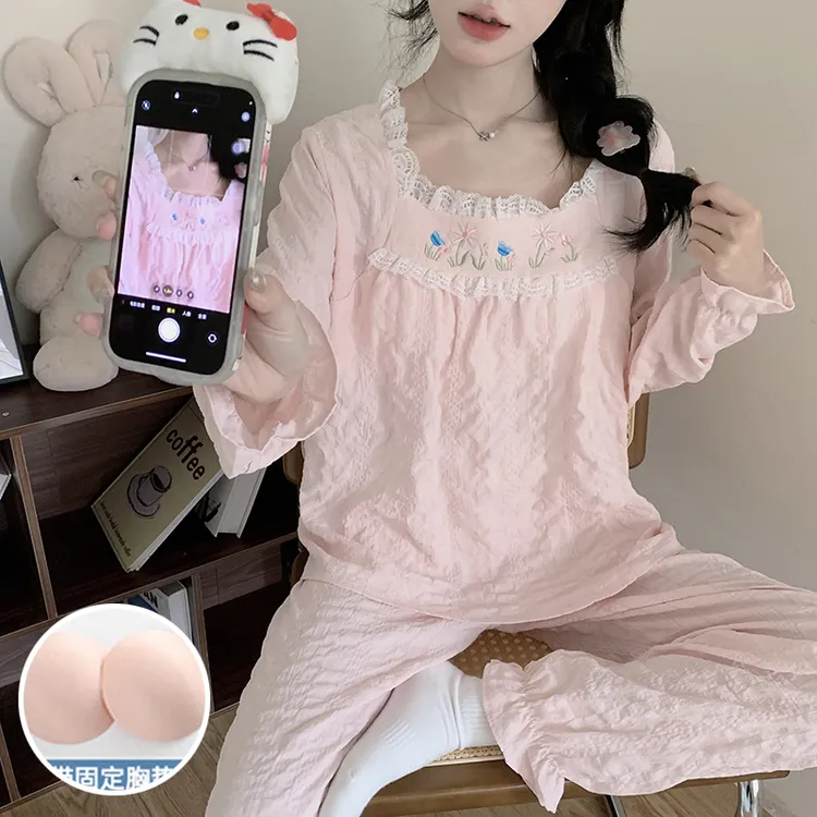 睡衣女秋冬季长裤纯色秋季长袖睡衣家居服套装花边家居服甜美夏季