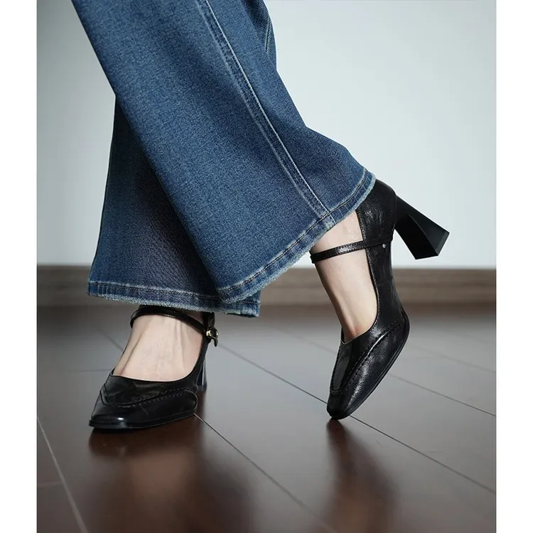 法式复古一字带玛丽珍鞋女方头2025新款通勤工作鞋粗跟高跟鞋单鞋