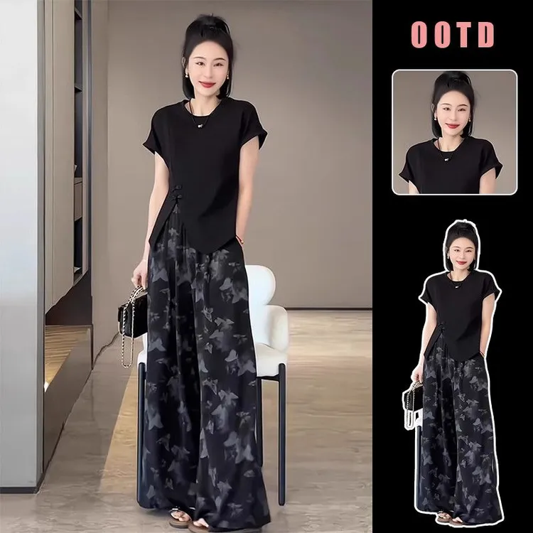 新中式国风盘扣设计感短袖上衣女高腰宽松休闲显瘦阔腿长裤两件套商品图