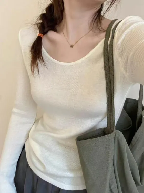【安迪绒260克重】2025秋季新款u领显瘦纯色百搭长袖打底针织上衣
