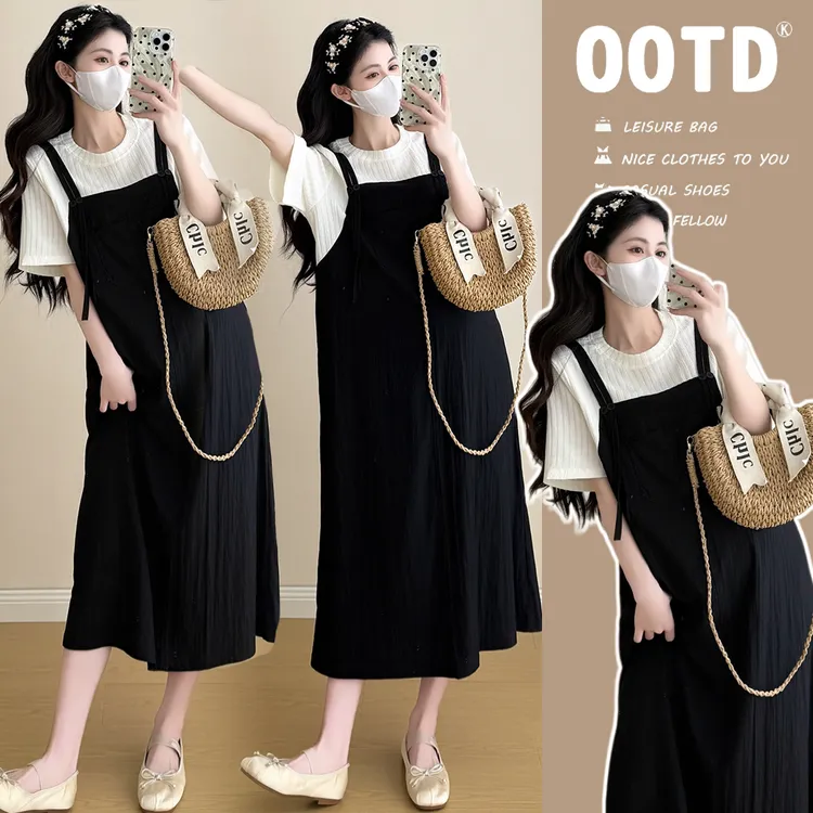 简约孕妇装宽松大码短袖拼接假两件薄款t恤背带连衣裙夏季