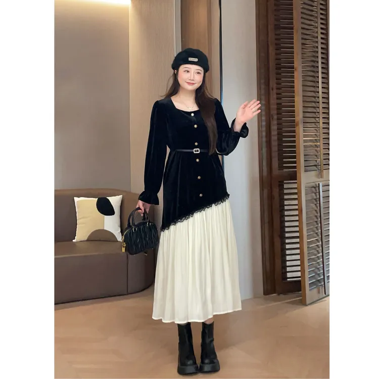 大萌萌轻奢撞色不规则拼接收腰假两件连衣裙秋微胖显瘦P225Q17287