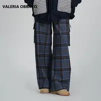 VALERIAOBBACO/瓦莱丽娅 奥贝科VO蓝色翻腰格纹长裤休闲裤