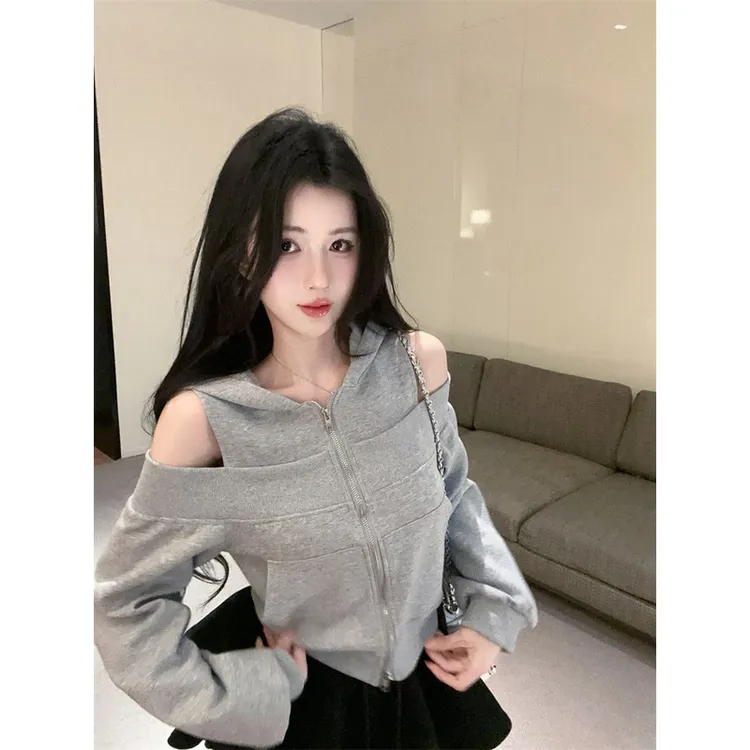 灰色连帽拉链卫衣外套女2025秋季新款美式辣妹露肩上衣巨好看chic