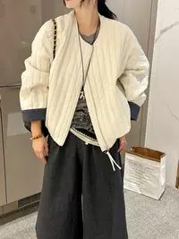 圆领开衫棉服短外套女2025秋季新款宽松休闲夹克上衣
