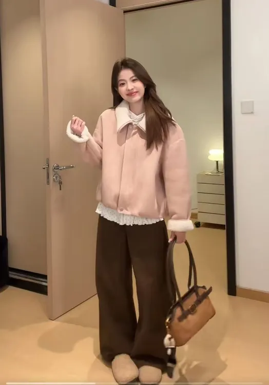 欣欣家 韩系2025秋冬加厚外套女秋冬韩系翻领+波点抽绳打底+裤子