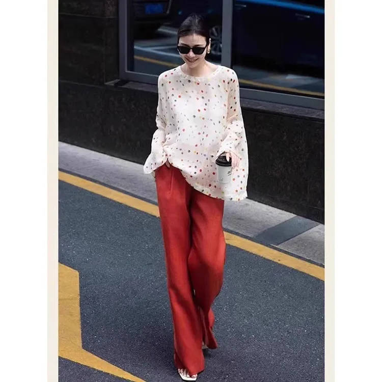 独特绝美夏天套装女2025新款时尚白色波点圆领上衣高腰长裤两件套