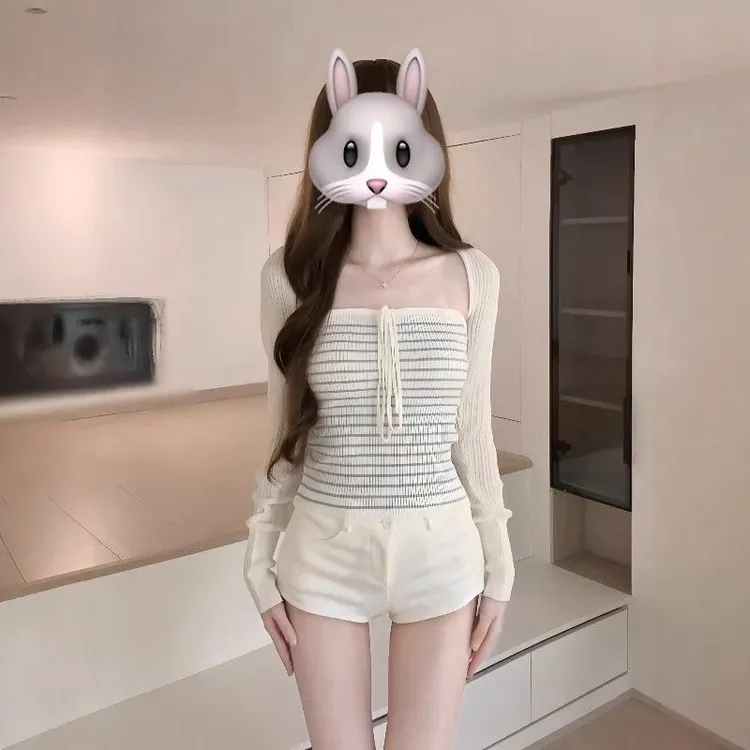 磨毛针织纯欲辣妹蓝色条纹绑带抹胸外搭短款长袖开衫上衣两件套女