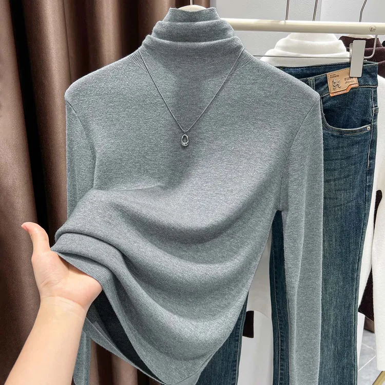 灰色独特堆堆领气质修身针织衫女秋冬爆款长袖套头打底衫百搭上衣