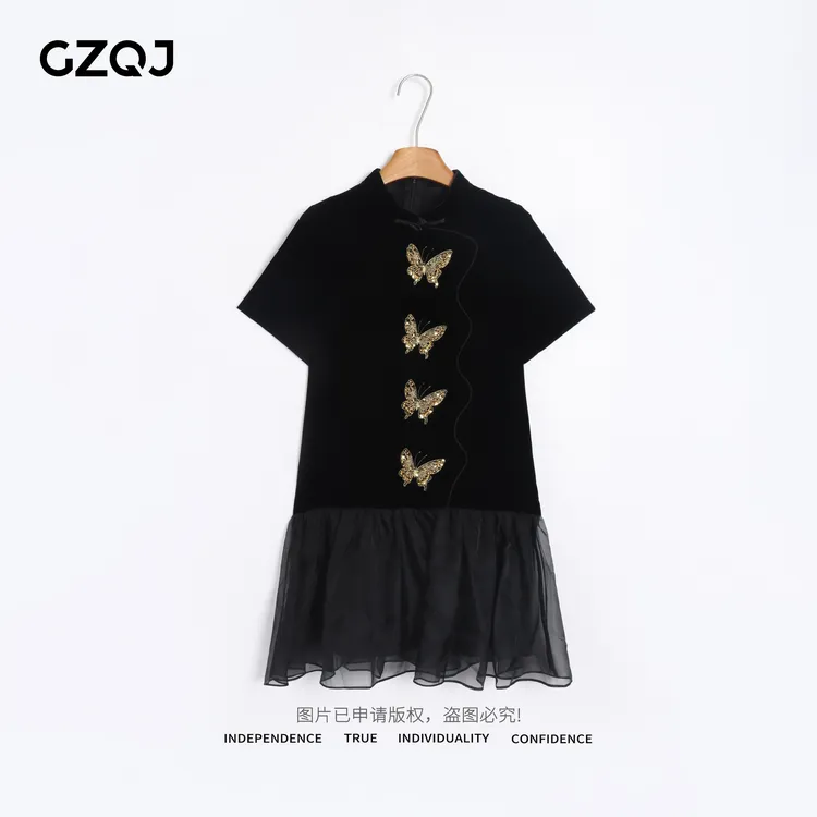 老琴私服 【墨羽蝶踪】真丝丝绒欧若风设计师金蝴蝶连衣裙女夏 7593