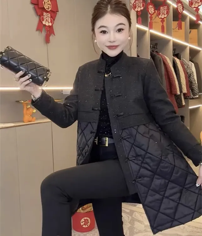 高端爆款夹棉风衣外套女立领新中式盘扣拼接拼接显瘦大衣