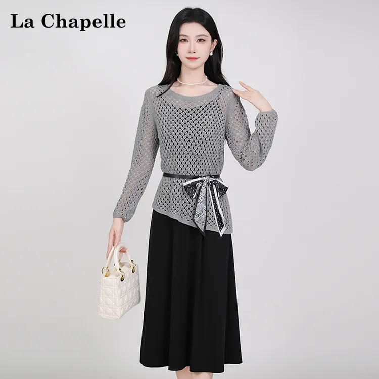 【拉夏贝尔】法式气质设计感高腰时尚修身显瘦长袖两件套女