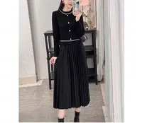 K129秋冬新款中长款显瘦连衣裙女时尚百搭高级感假两件毛衣打底裙