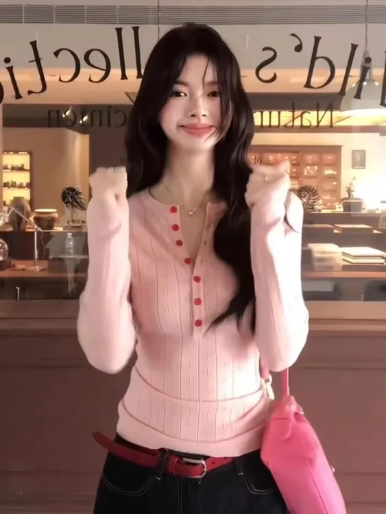 甜美软糯半开领长袖针织衫上衣女秋冬辣妹风修身内搭打底毛衣