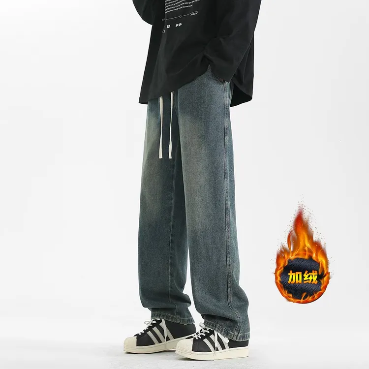 秋冬加厚加绒直筒牛仔裤休闲百搭潮流裤子牛仔裤美式阔腿裤牛仔裤