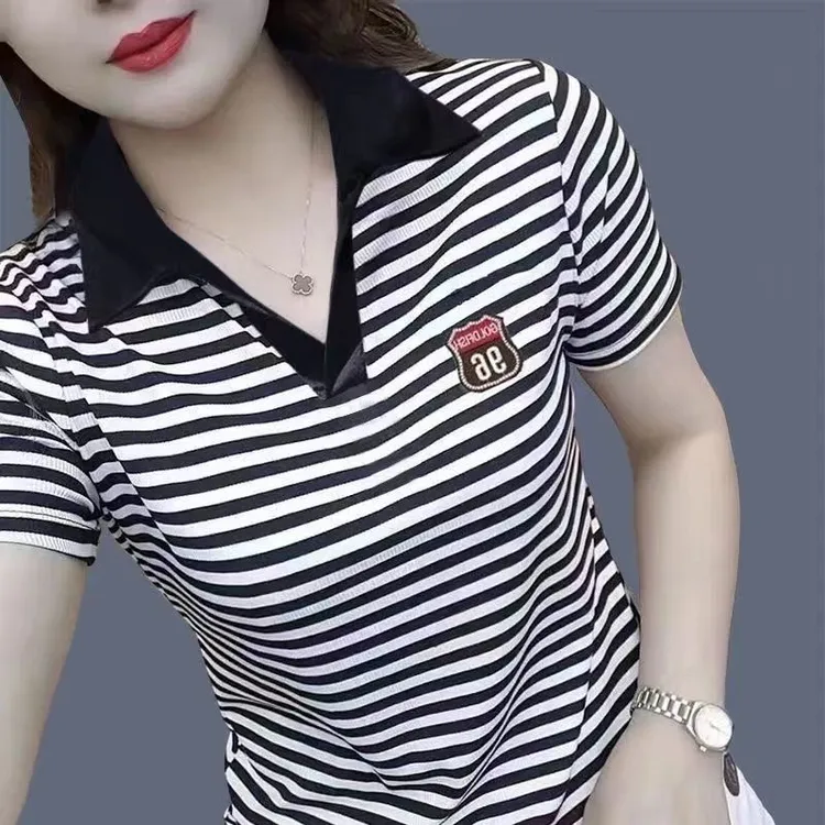 翻领短袖T恤女条纹夏季新款立领中年妈妈装时尚气质减龄大码上衣