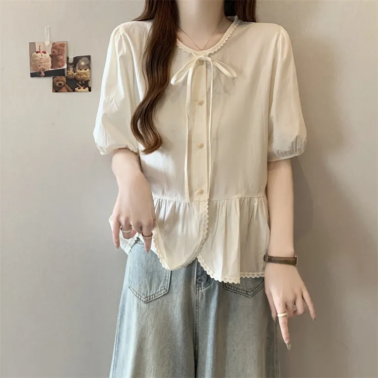 别致漂亮蕾丝花边系带黄色短袖衬衫大码女装胖mm夏季遮肉衬衣上衣