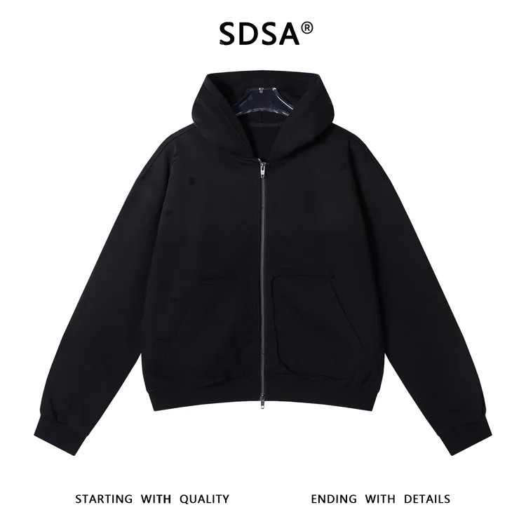 SDSA男士春秋新款痞帅男装破洞拉链连帽短款卫衣潮牌宽松开衫上衣
