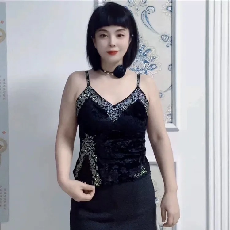 秋冬新款重工亮钻V领丝绒吊带美背固定杯垫8131