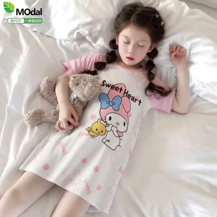夏季卡通莫代尔女童睡裙夏天短袖薄款小女孩中大童学生亲子家居裙
