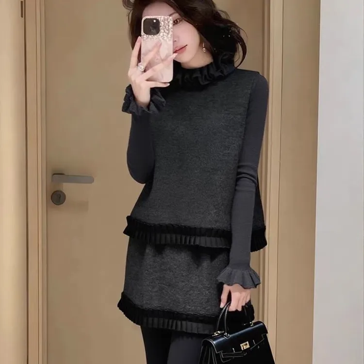 韩系甜美慵懒显瘦小香风毛呢连衣裙三件套