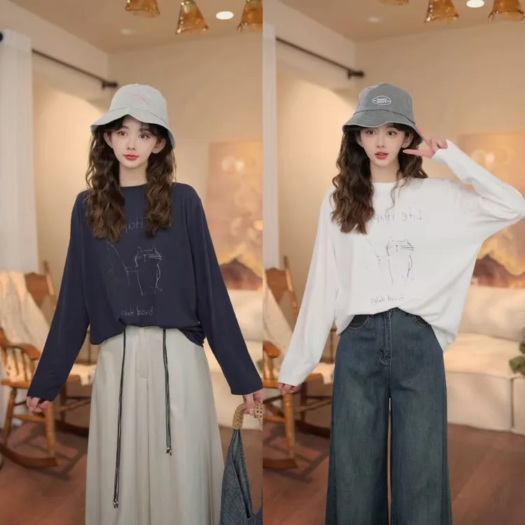 余紫绮【慵懒意】时尚休闲猫咪牛角包长袖上衣女ZO1218319