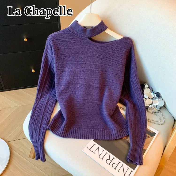 拉夏贝尔秋冬圆领斜肩挂脖提花针织衫洋气百搭宽松显瘦内搭毛衣女
