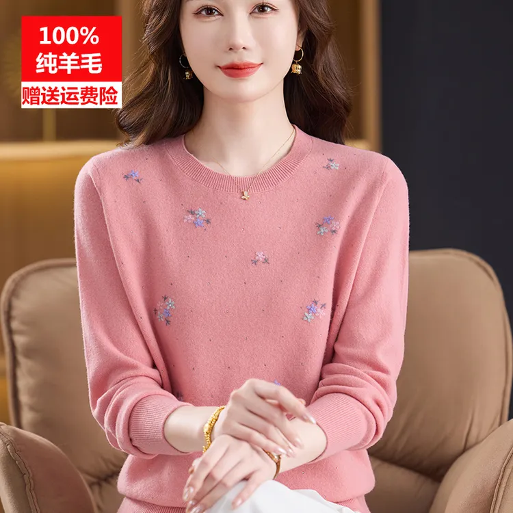 中老年女洋气妈妈装100纯羊毛衫圆领毛衣秋冬新款针织大码打底衫