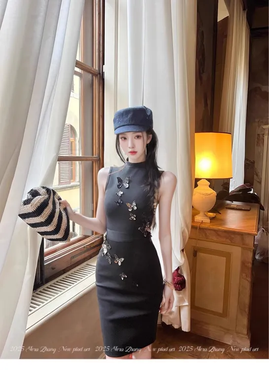 新中式中长款气质修身包臀裙子夏季轻奢名媛风显瘦高级感连衣裙女