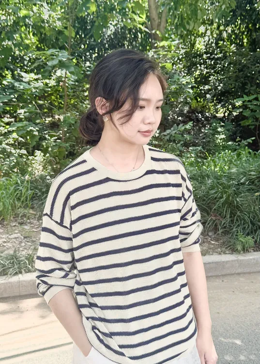 汉麻莱赛尔色织条纹长袖圆领套头针织衫时尚休闲慵懒风