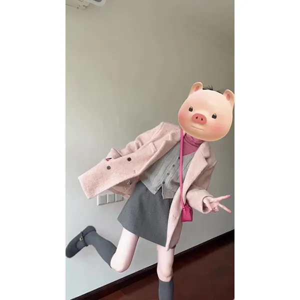 韩版秋冬粉色西装外套双排扣毛呢外套搭配裙子通勤气质时尚套装女