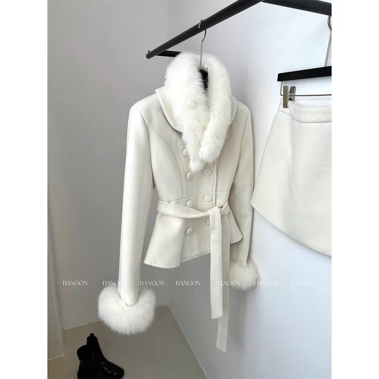 BANGON 韩系千金风套装裙女毛领拼接高级感2025年秋冬新款两件套