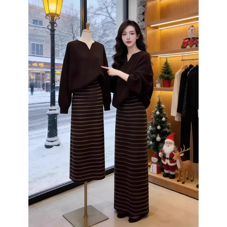 深冬装气质一整套穿搭韩系慵懒松弛感宽松毛衣条纹半身裙两件套女