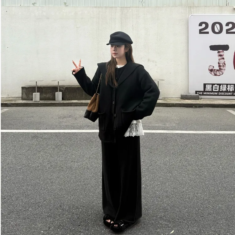晶咕软软【零压力】韩系小众设计感大领口披肩针织外套+针织阔腿裤