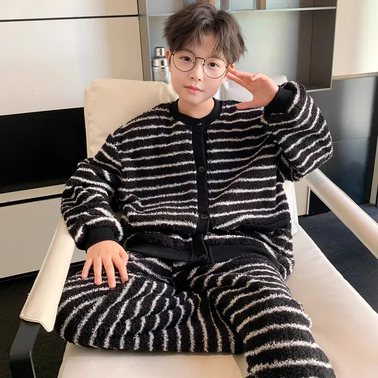 男童秋冬款珊瑚绒睡衣套装2025新款冬季大童开衫儿童法兰绒家居服